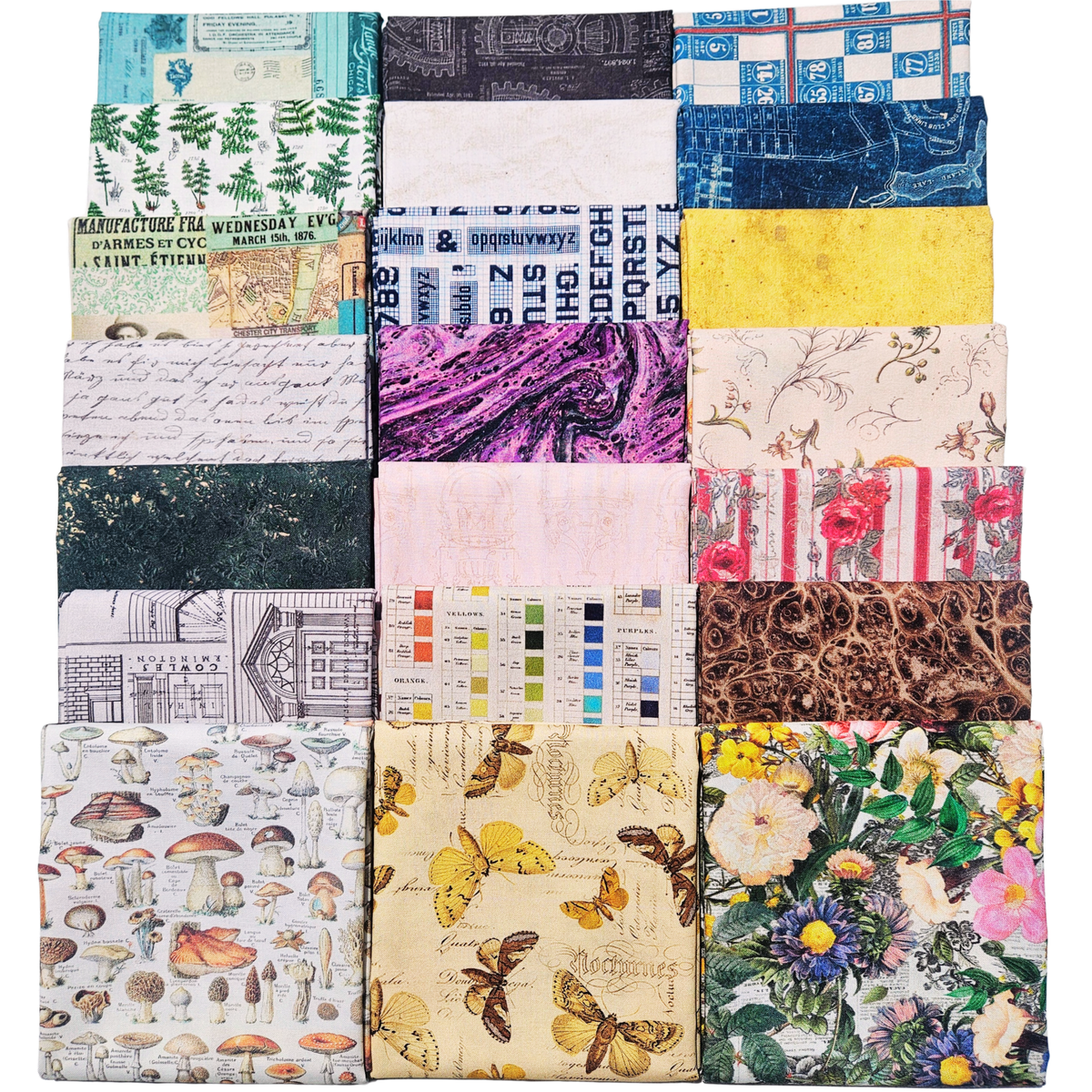 A 3x7 grid of folded fabric samples showing a variety of patterns and colors, including botanical prints, vintage text, stripes, butterflies, and floral designs.