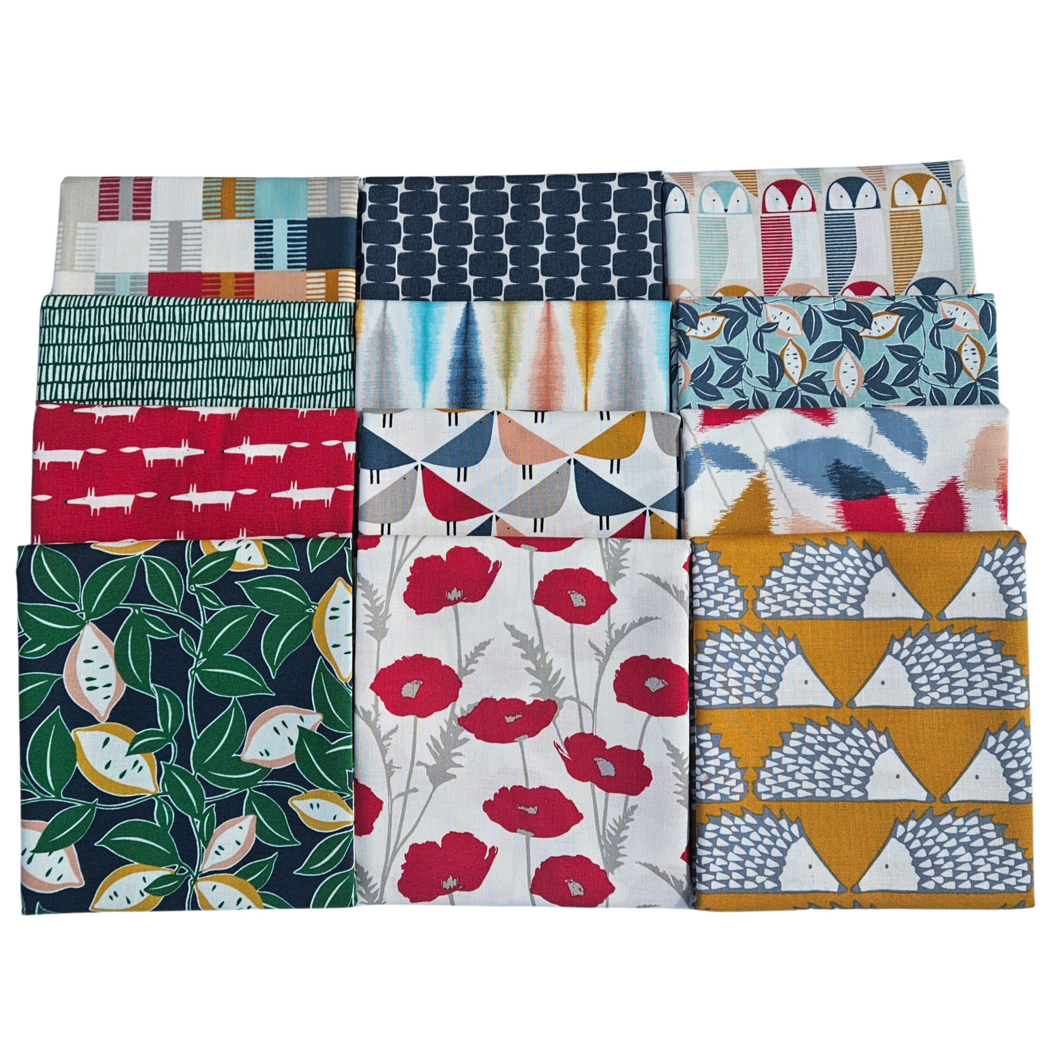 Collection of various patterned fabric swatches arranged in a grid on a white background.