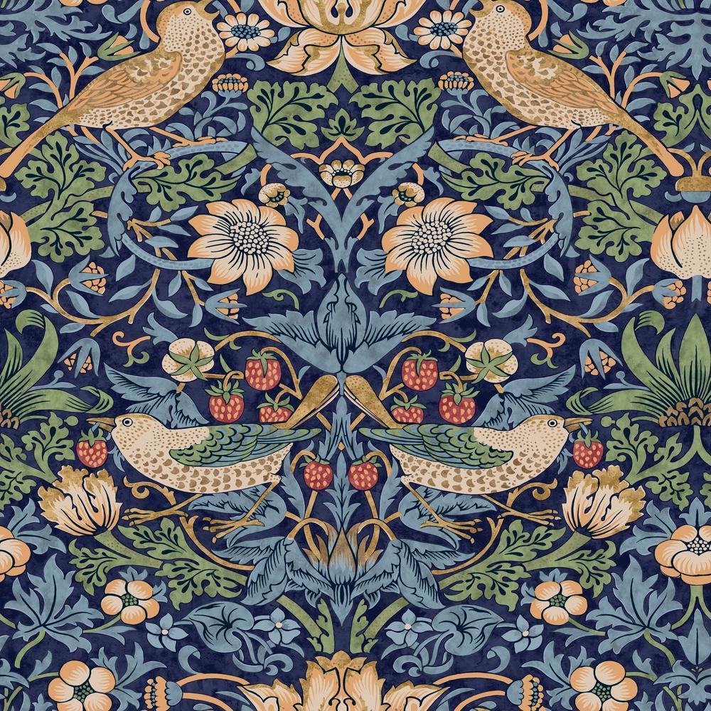 Enlarged detail of a decorative pattern with birds and flowers on a dark blue background.
