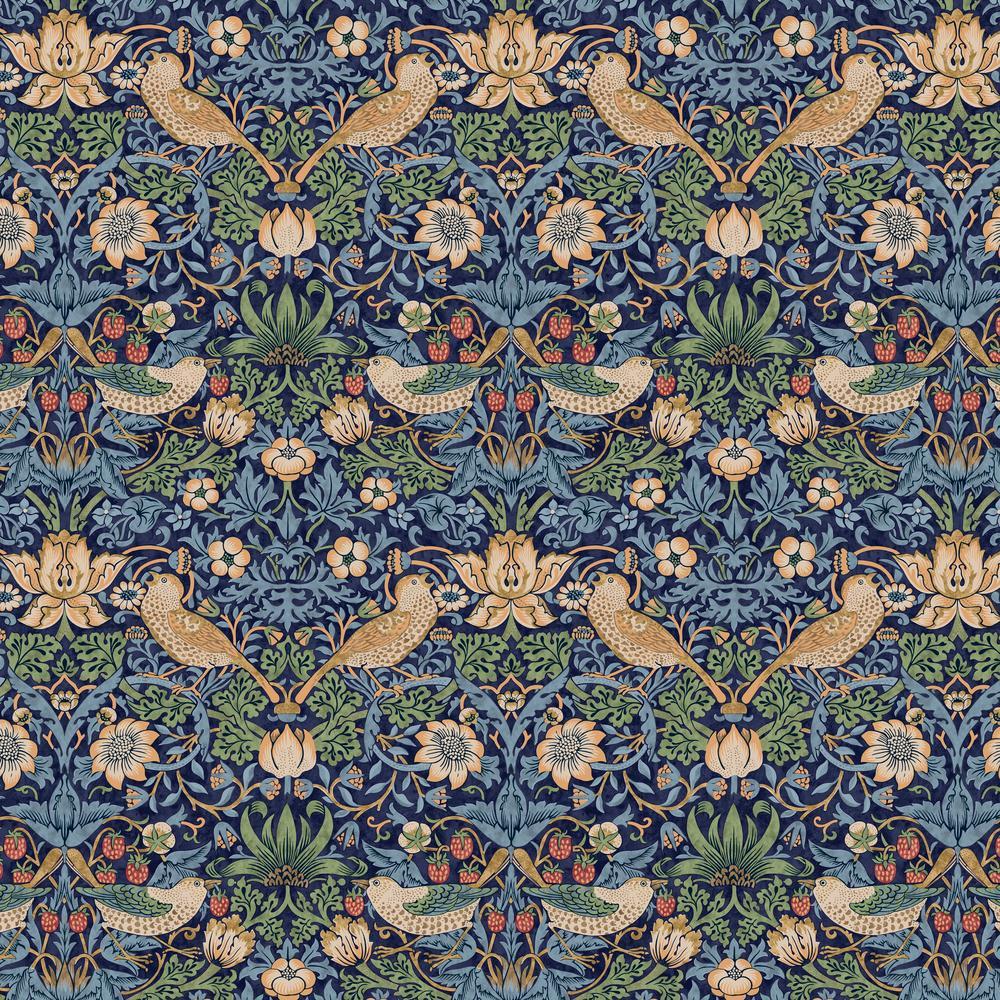 Decorative pattern with birds and flowers on a blue background
