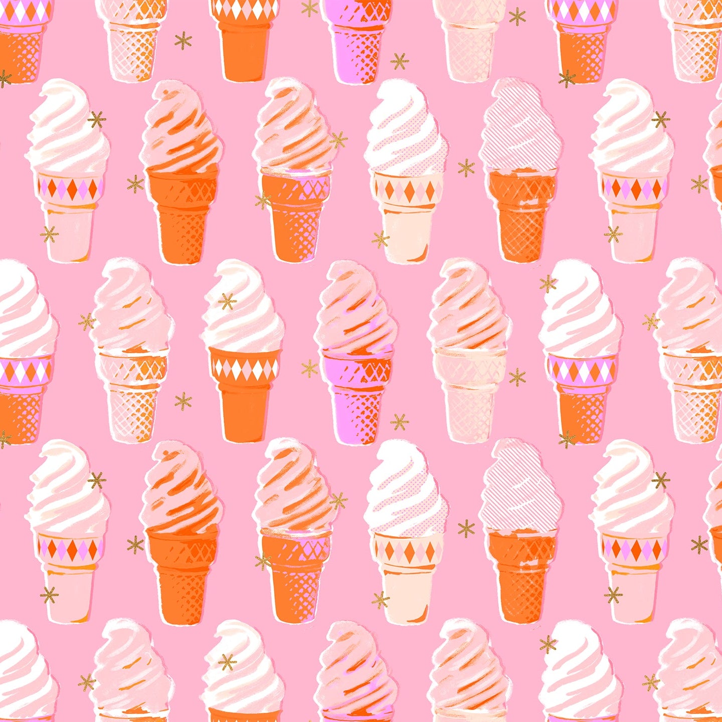 Pattern of ice cream cones on a pink background