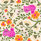 Pattern of pink cats and orange flowers on a beige background