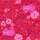 Pink cats and flowers on a red background