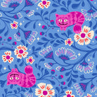 Pattern of pink cats and flowers on a blue background