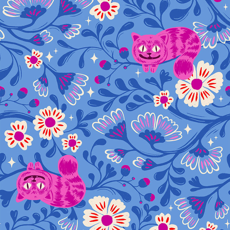 Pattern of pink cats and flowers on a blue background