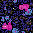 Pattern of pink cats and colorful flowers on a black background