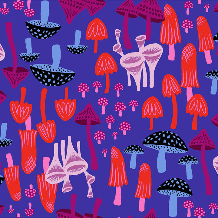 Colorful pattern of stylized mushrooms on a blue background