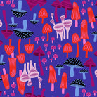 Colorful pattern of stylized mushrooms on a blue background