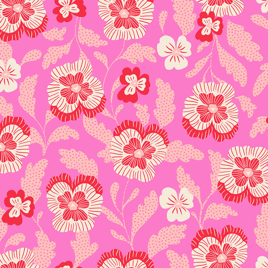 Floral pattern with red and white flowers on a pink background