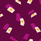 Pattern of purple and white shapes with orange hearts on a purple background