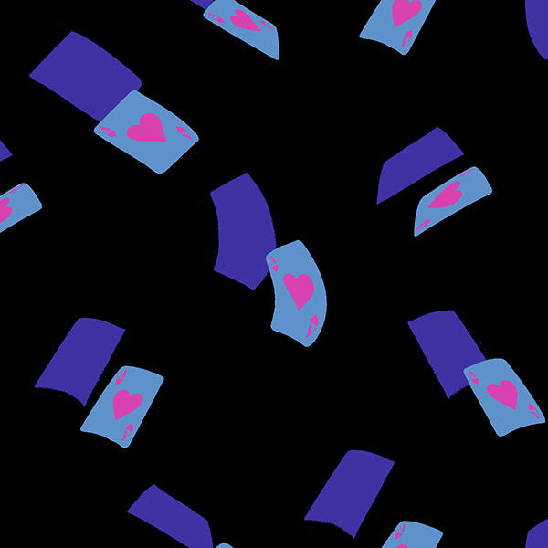 Pattern of blue and purple shapes with pink hearts on a black background