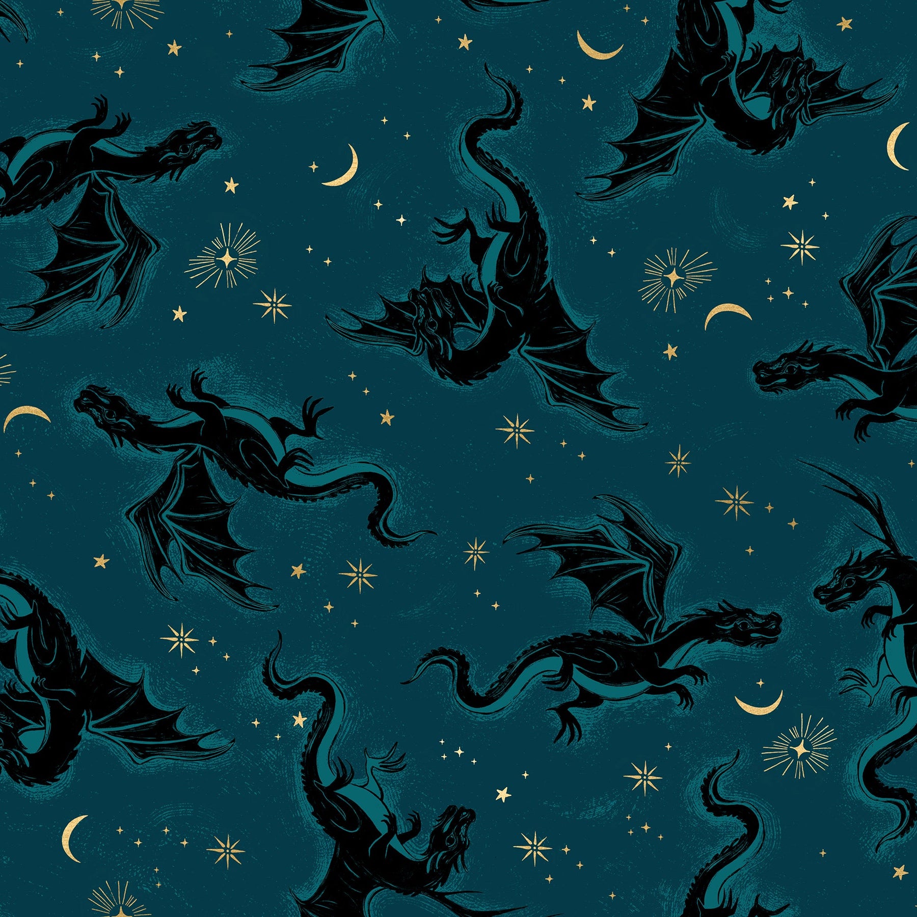 Pattern of dragons and celestial elements on a dark blue background