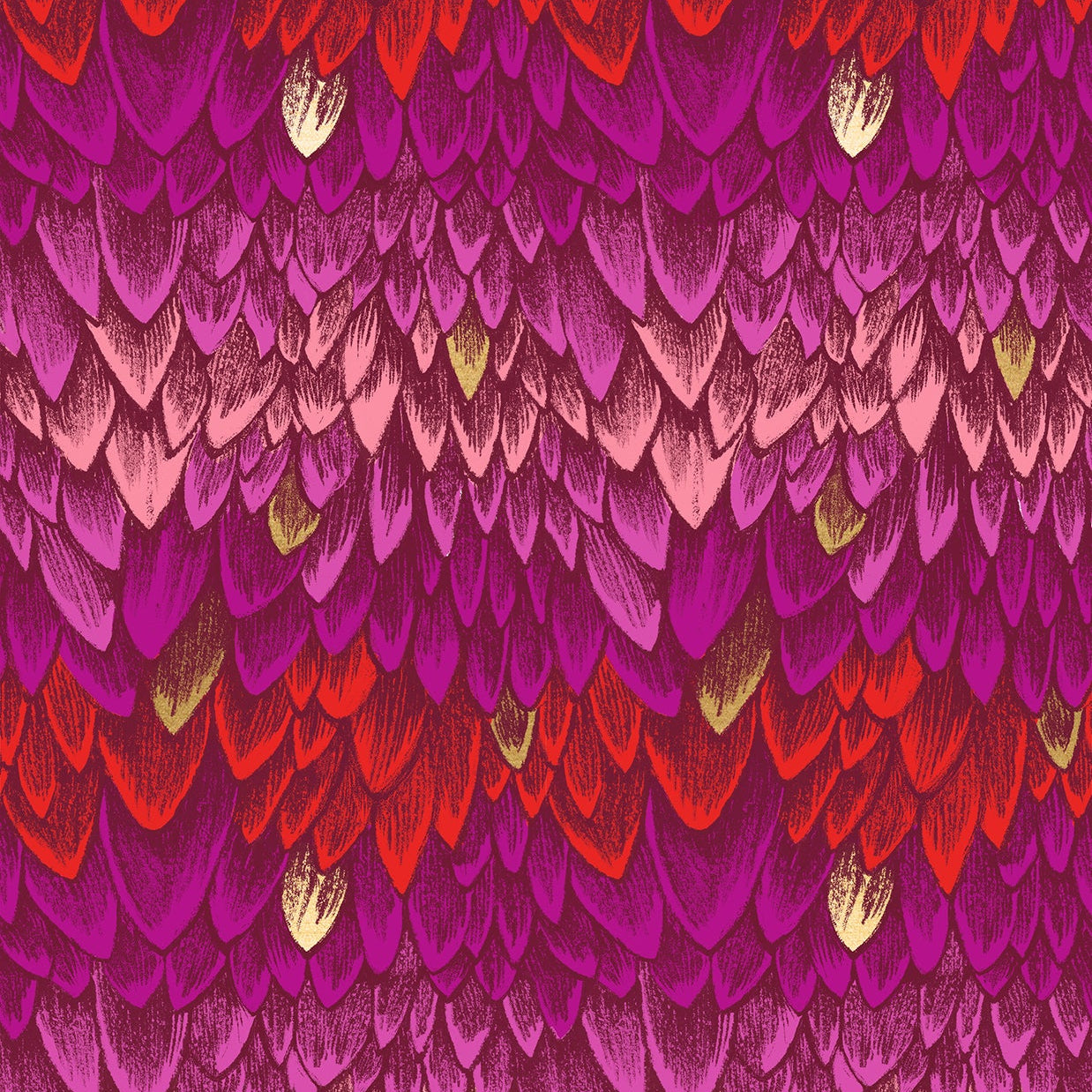 Patterned fabric with a scalloped edge design in pink, red, and gold.