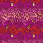 Patterned fabric with a scalloped edge design in pink, red, and gold.