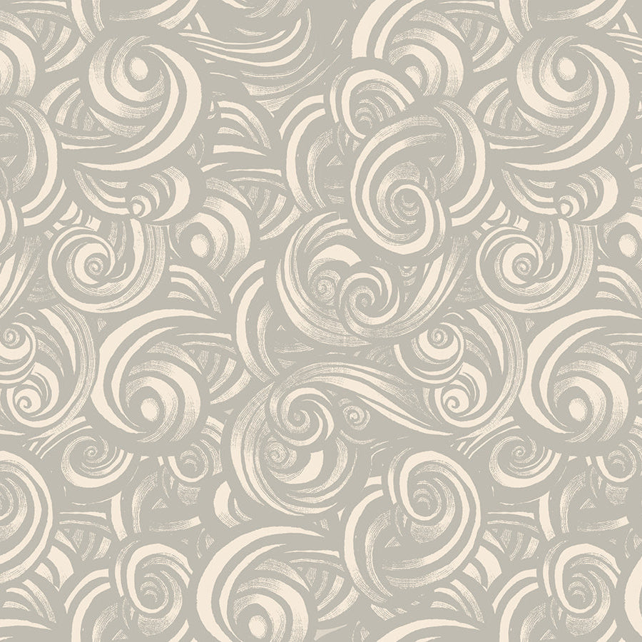 Patterned fabric with swirling designs on a gray background