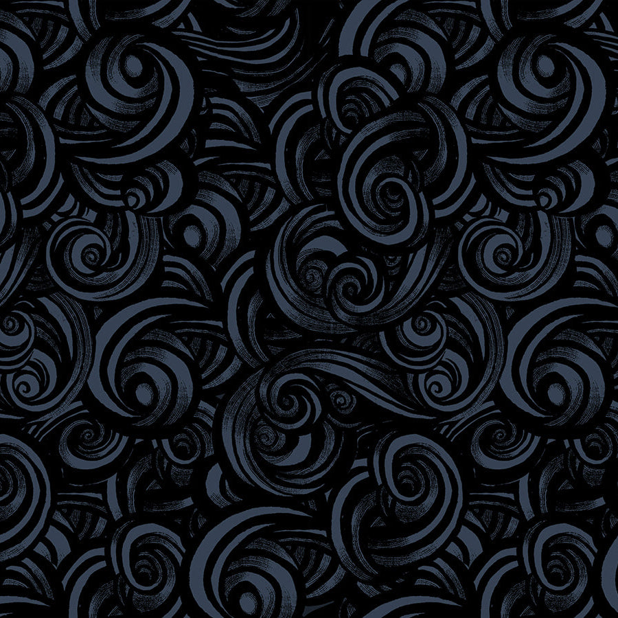 Dark blue swirling pattern on a black background