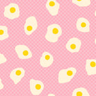 Pattern of fried eggs on a pink background with a grid.