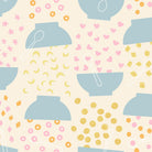 Pattern of blue bowls and colorful cereal pieces on a light background