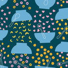 Pattern of blue bowls, pink stars, yellow dots, and white spoons on a dark blue background.