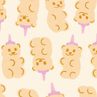 Pattern of cartoon bear honey bottles on a beige background