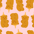 Pattern of cartoon bear honey bottles on a pink background