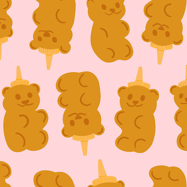 Pattern of cartoon bear honey bottles on a pink background