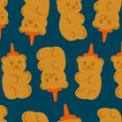 Pattern of teddy bear-shaped honey containers on a blue background