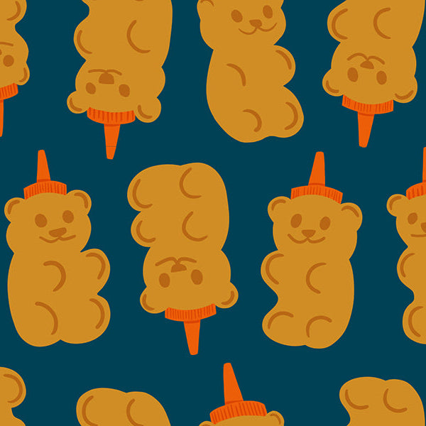 Pattern of teddy bear-shaped honey containers on a blue background
