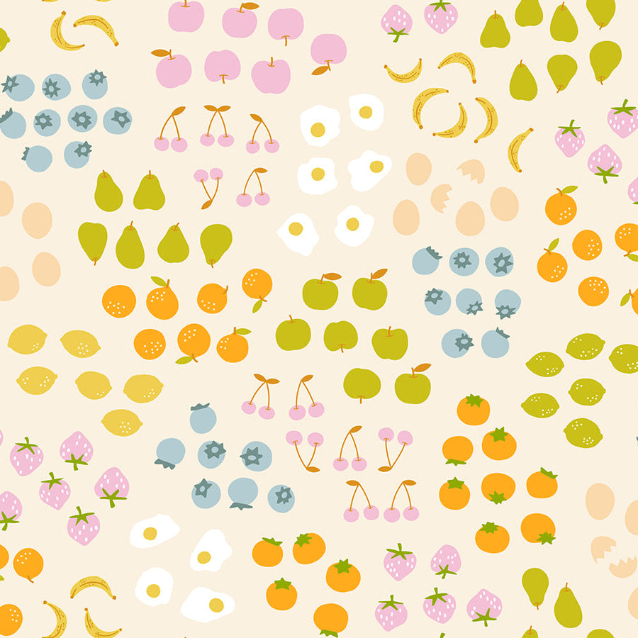 Pattern of colorful fruits and berries on a light background