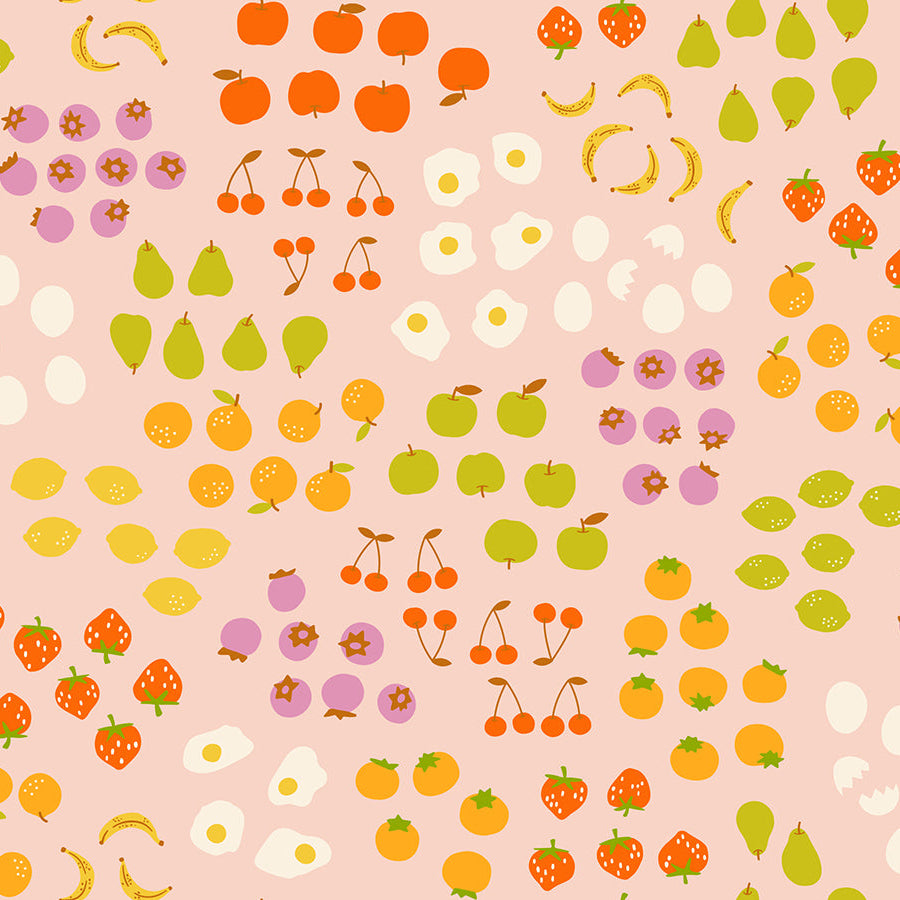 Pattern of various fruits and berries on a pink background