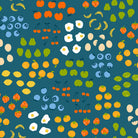 Colorful pattern of fruits and berries on a teal blue background