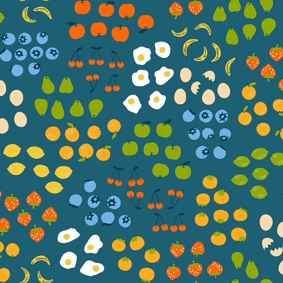 Colorful pattern of fruits and berries on a teal blue background