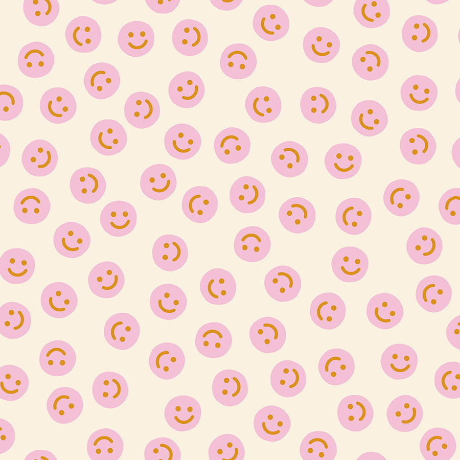 Pattern of pink smiley faces on a off-white background