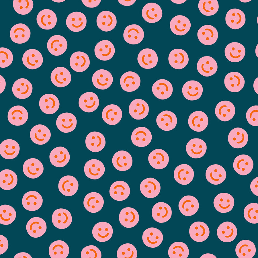 Pattern of pink smiley faces on a teal background