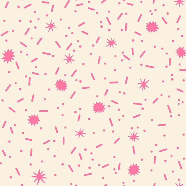 Pattern of pink stars, dots and dashes on a off-white background