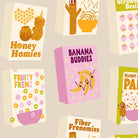 Collection of various breakfast cereal boxes on a beige background