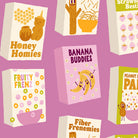 Pattern of colorful boxes with cartoon characters and text on a purple background