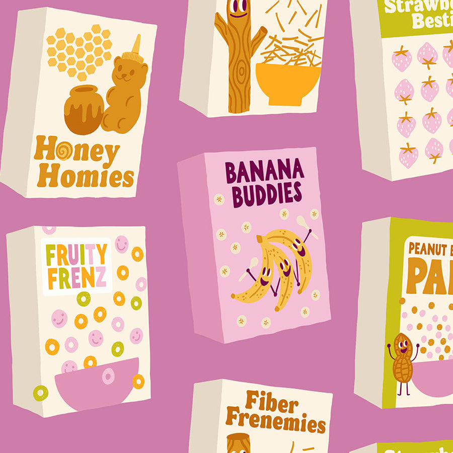 Pattern of colorful boxes with cartoon characters and text on a purple background