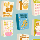 Illustrated cereal boxes with colorful designs and text on a blue background