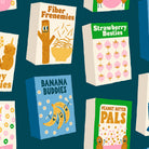Illustrated cereal boxes with various character names on a blue background