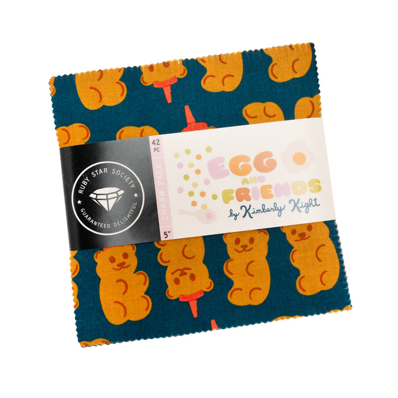 Fabric square with teddy bear honey jars and 'Egg Friends' label on a white background