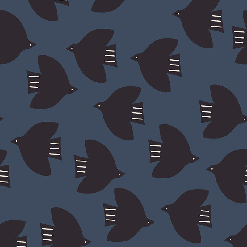 Pattern of black bird shapes on a blue background