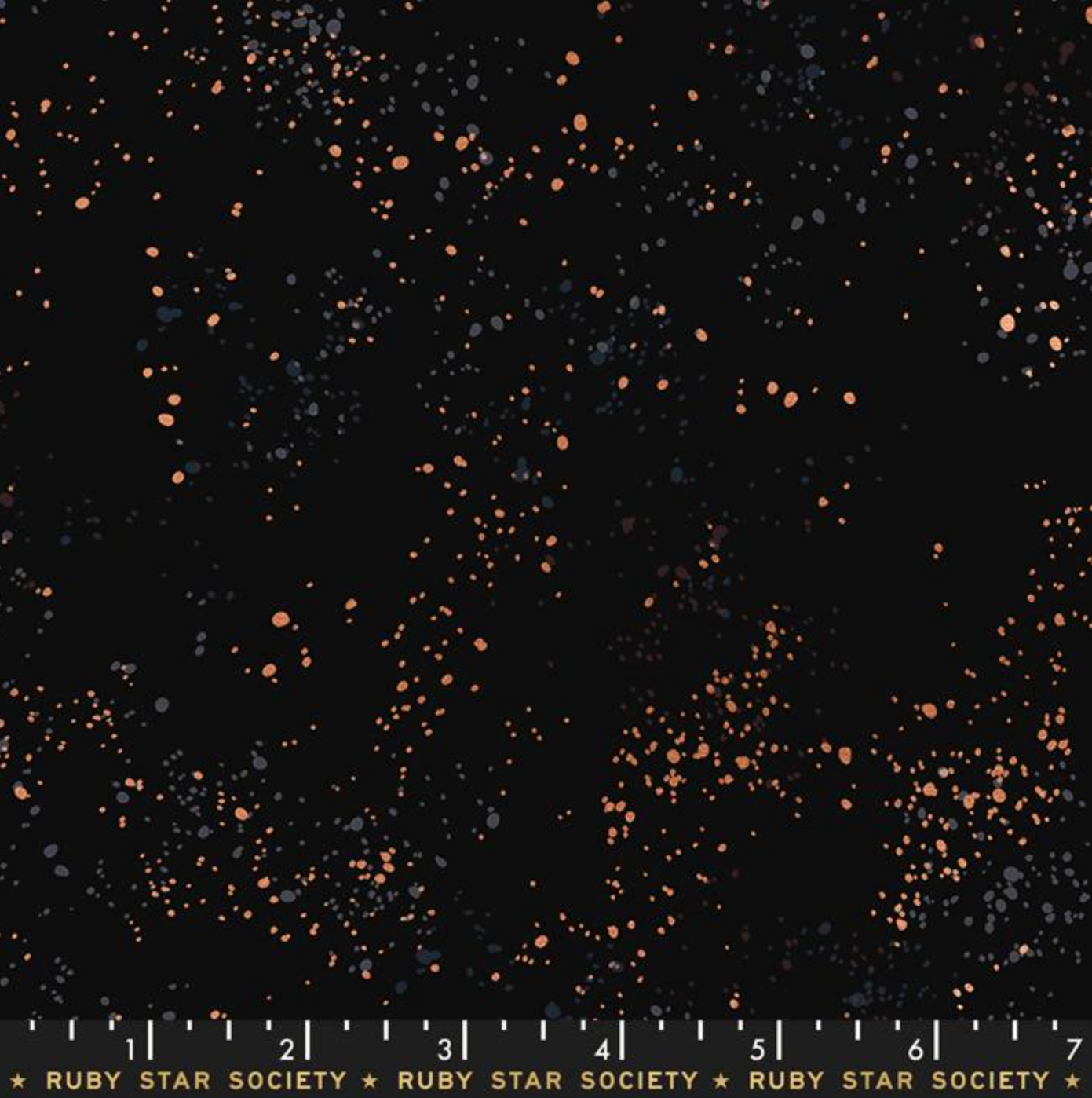 Black fabric with scattered copper and dark gray speckled glitter, featuring a white measurement ruler at the bottom with 'RUBY STAR SOCIETY' printed in gold.