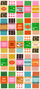 Collection of colorful fabric packaging with various patterns and text on a white background