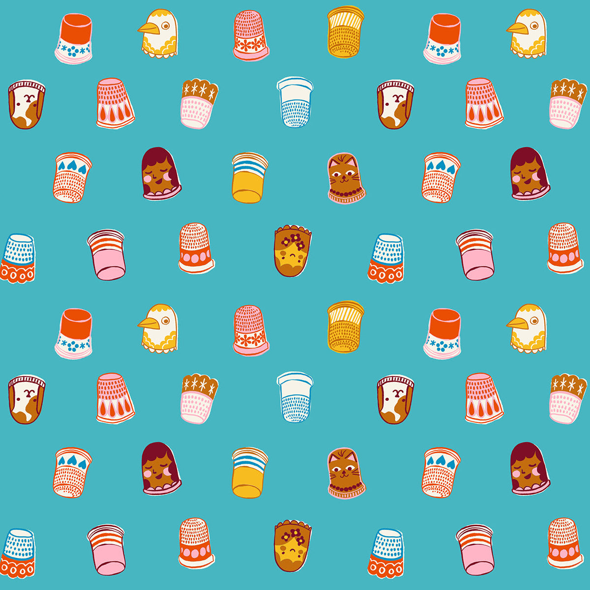 Pattern of colorful thimbles and small figures on a blue background