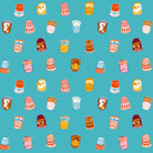 Pattern of colorful thimbles and small figures on a blue background