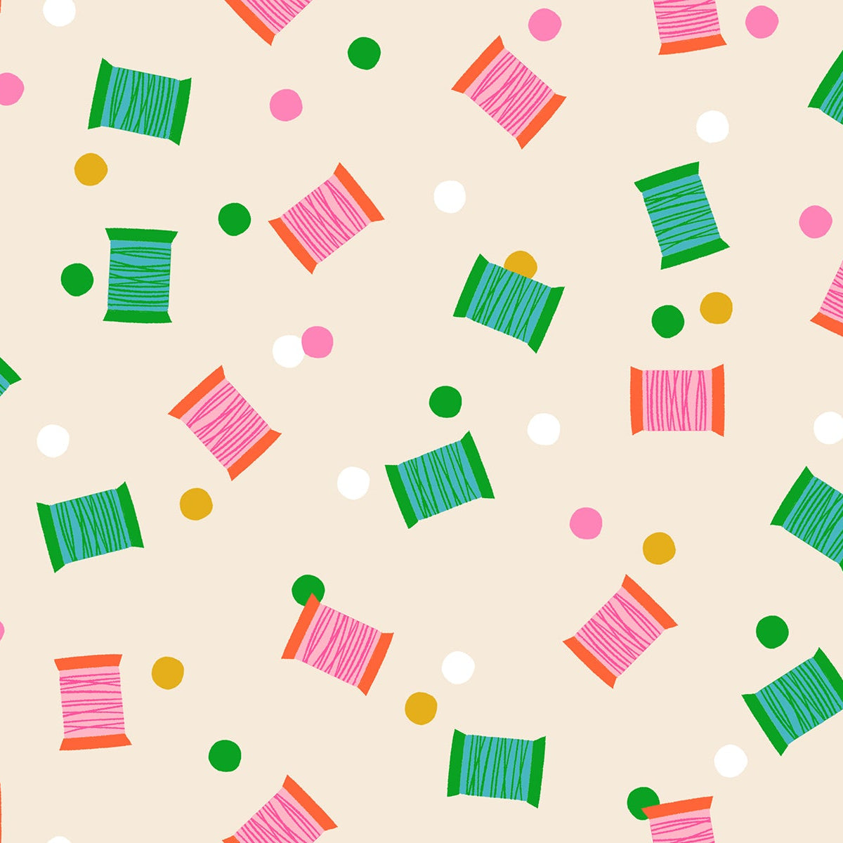 Colorful spool pattern on a beige background
