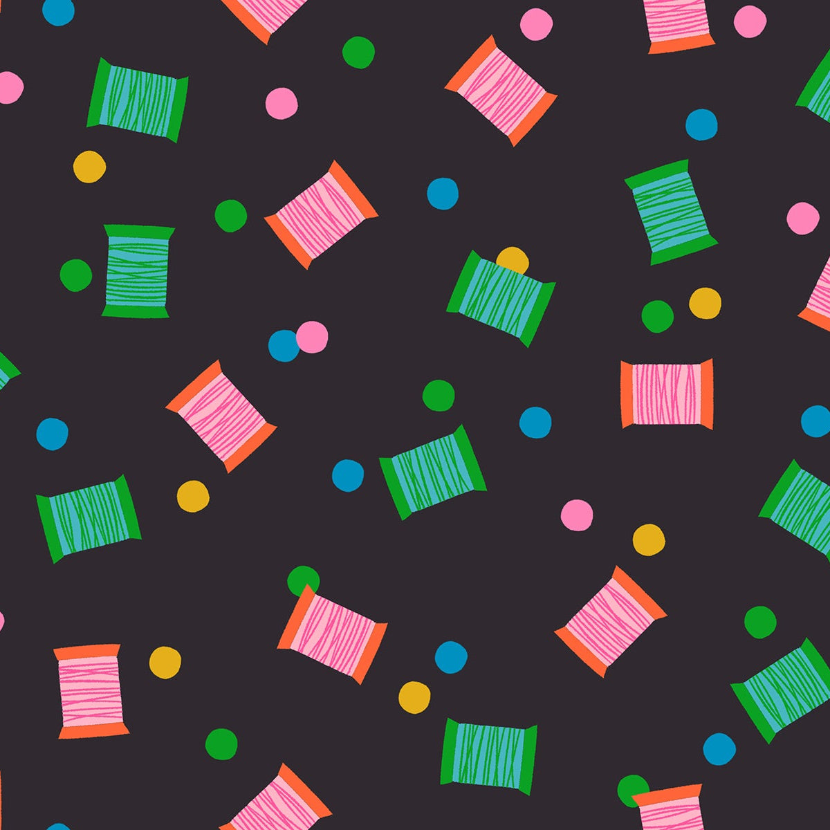 Colorful pattern of spools and polka dots on a dark background