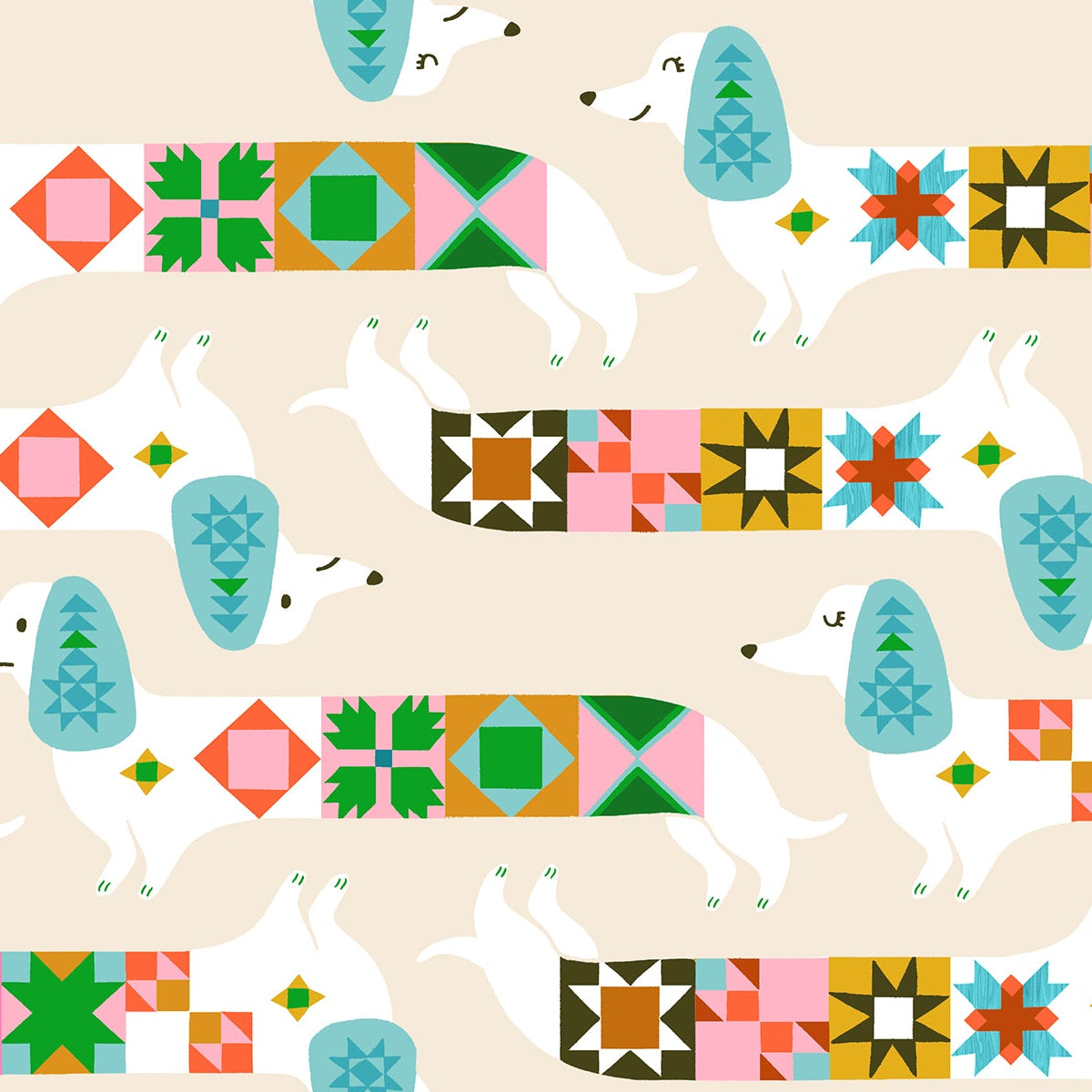 Pattern of dogs and colorful quilt shapes on a beige background