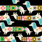 Pattern of dogs with colorful quilt designs on a black background